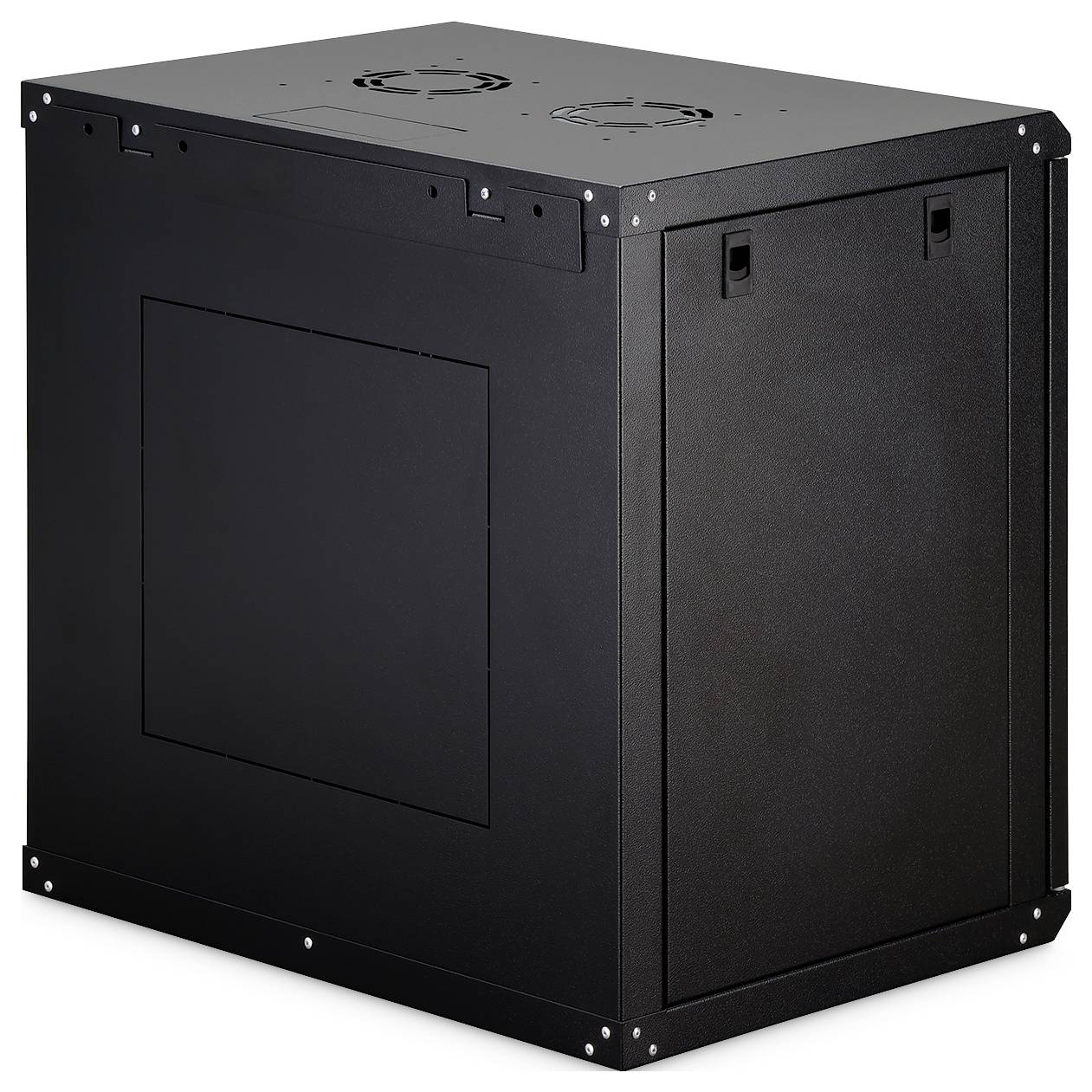 Ein schwarzer Serverrack-Schrank, aus der vorderen linken Perspektive betrachtet, verfügt über eine massive Tür mit Belüftungsoptionen auf der Oberseite.