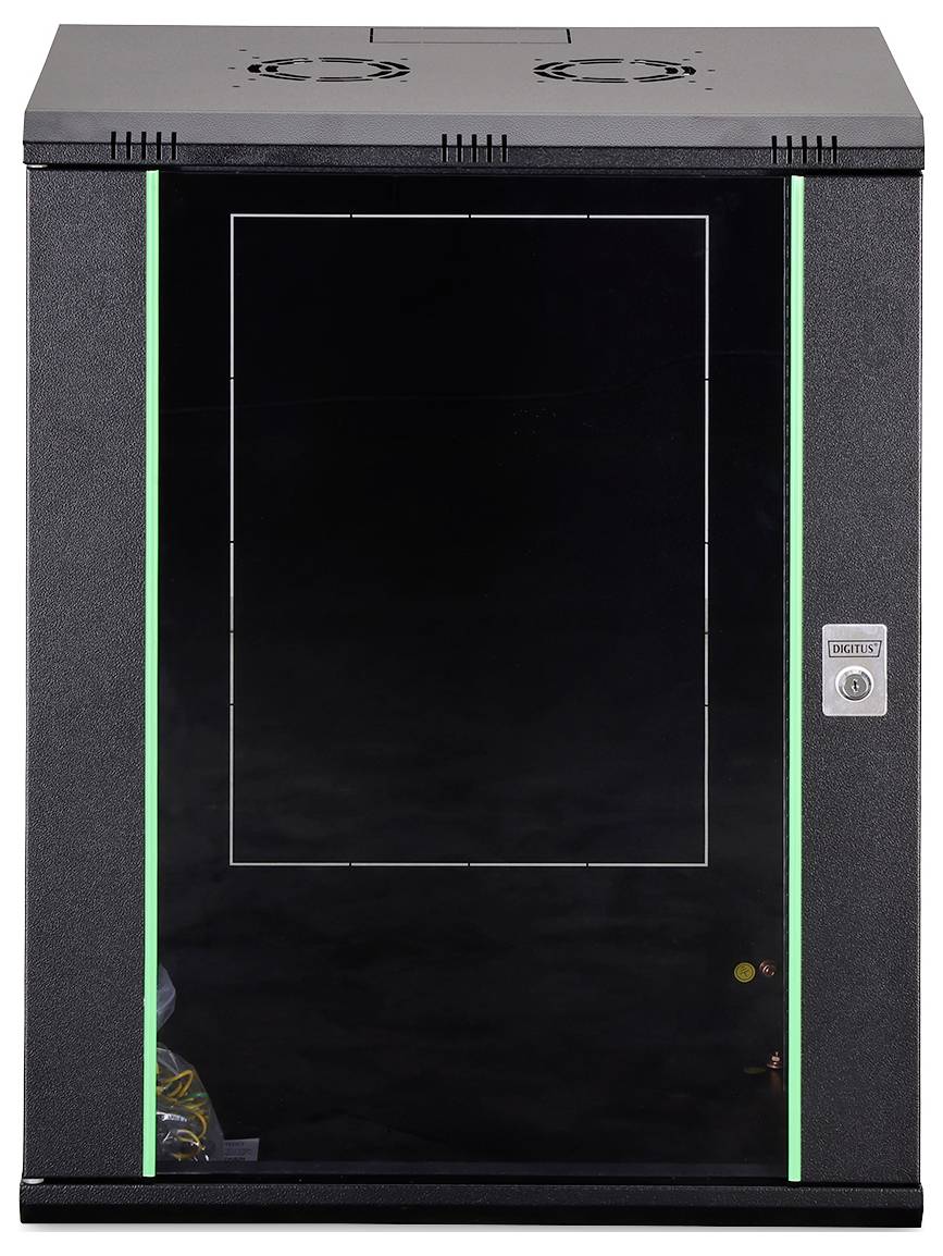 Ein schwarzer Datenserver-Schrank mit einer Glastür, die seine Innenkomponenten zeigt, umgeben von vertikalen grünen LED-Lichtern.