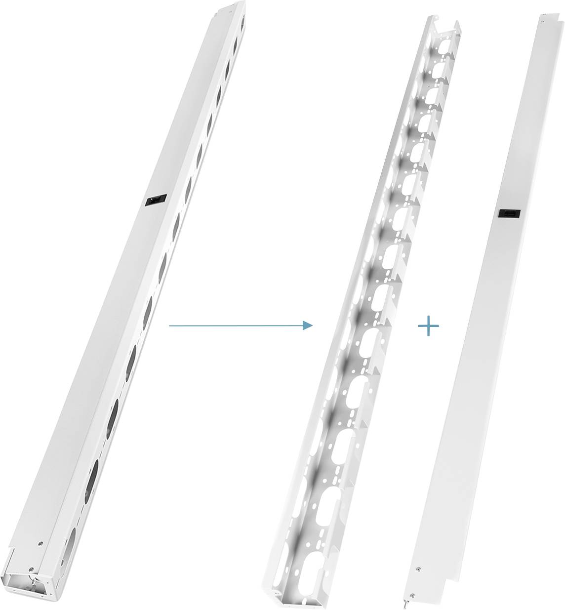 Abgebildet ist ein Produkt, das sich aus einem weißen Seitenteil und einer Halterung zusammensetzt, die durch ein Pfeil und Pluszeichen ergänzt werden.