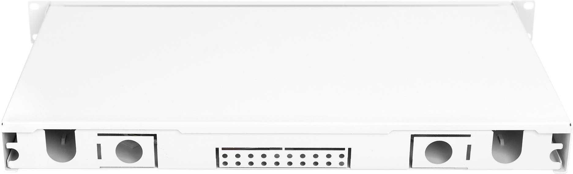 Rückansicht eines weißen Netzwerkgeräts mit mehreren Kabelausgängen.
