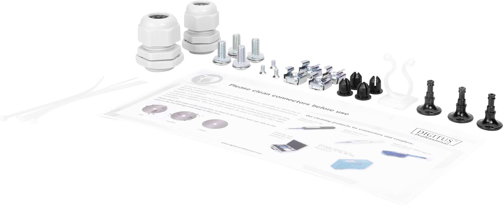 Ein Montageset bestehend aus Kabelverschraubungen, Schrauben, Dübeln, Clips und einer Anleitung für die Installation von Bauteilen.