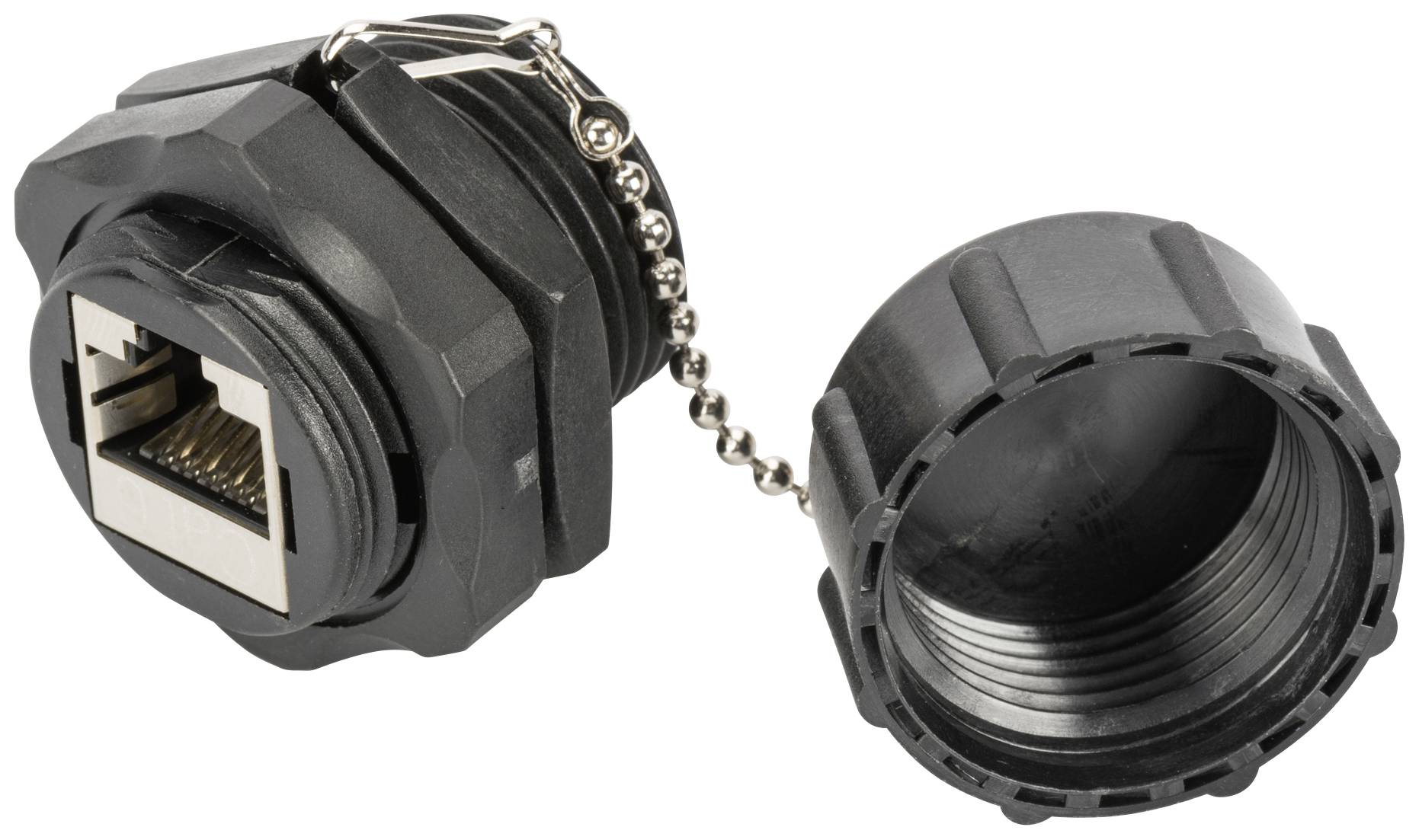 Kabeldurchführung mit RJ45-Buchse. Robust, schwarz, mit abnehmbarem Schutzdeckel an einer Kette. Geeignet für industrielle Anwendungen.
