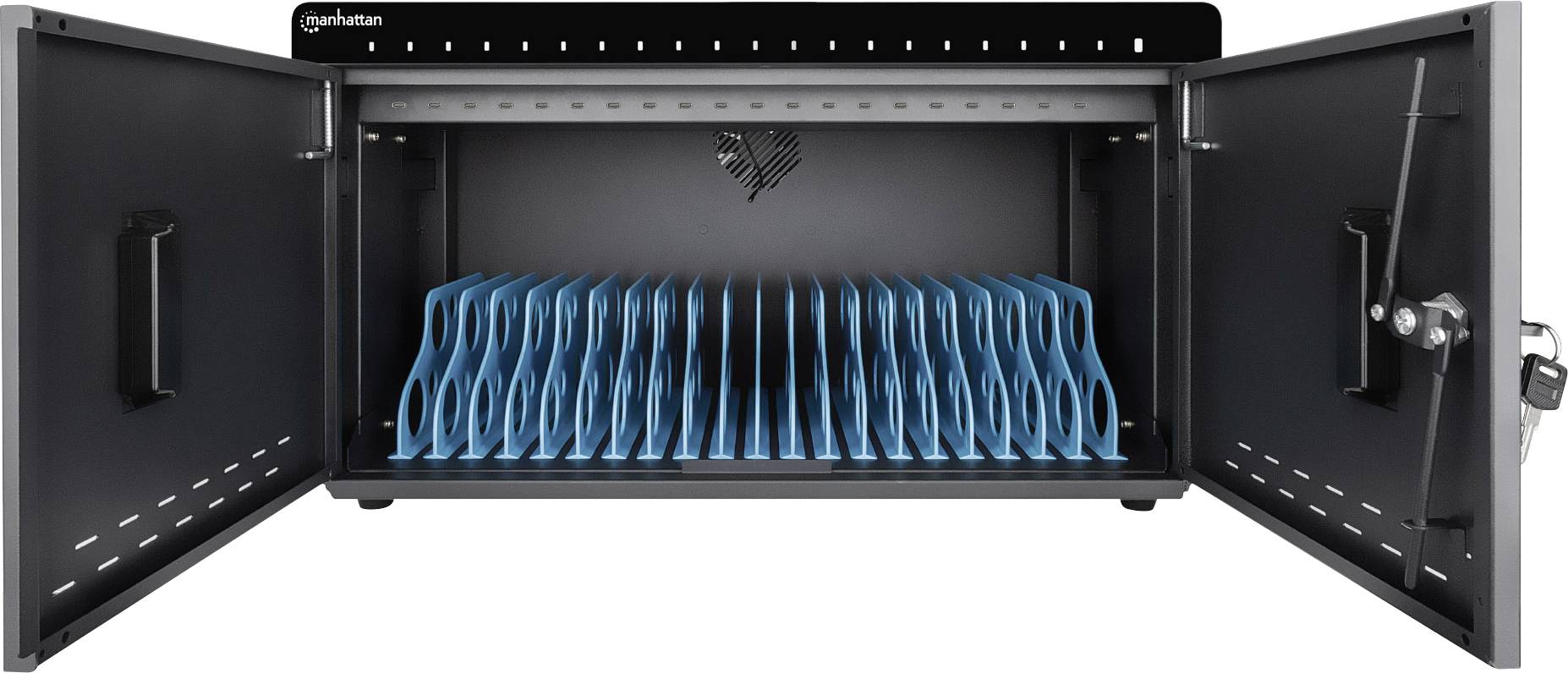 Ein geöffneter Ladeschrank mit mehreren Steckplätzen für Tablets. Der Schrank hat blaue Trennelemente und Türen mit Schlüsselschloss.