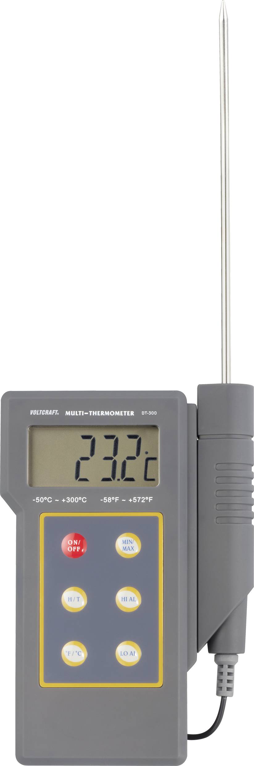 Digitalthermometer mit Sonde, zeigt 23.2 Grad Celsius. Geeignet für Temperaturmessungen in verschiedenen Anwendungen.