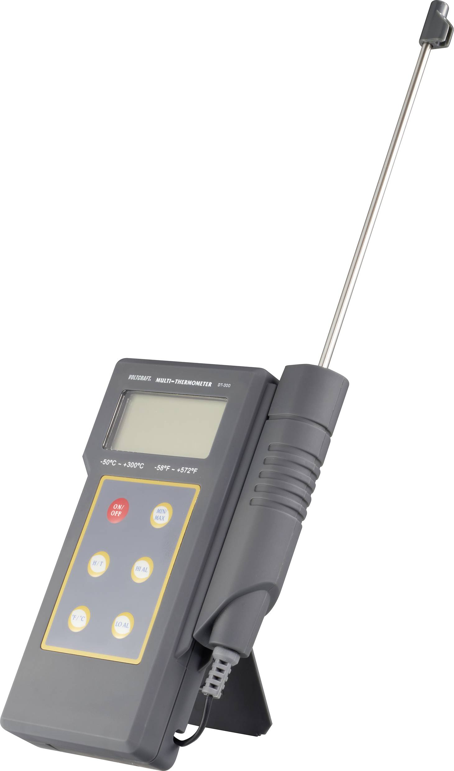 Ein digitaler Thermometer mit langem Sensorstab und Bedienfeld mit mehreren Tasten; geeignet für Temperaturmessungen in verschiedenen Bereichen.
