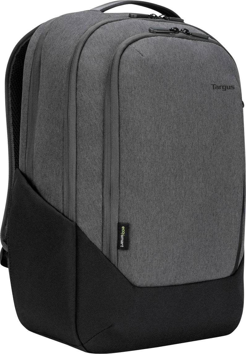 Ein grauer, moderner Rucksack mit schwarzem Boden und mehreren Reißverschlüssen; geeignet für Laptops und Alltagsgegenstände.