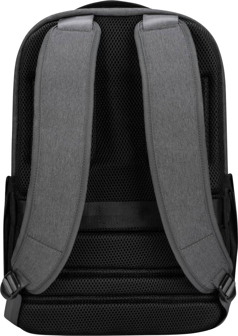 Grauer Rucksack von hinten mit gepolsterten Trägern und Netzrückenansicht.