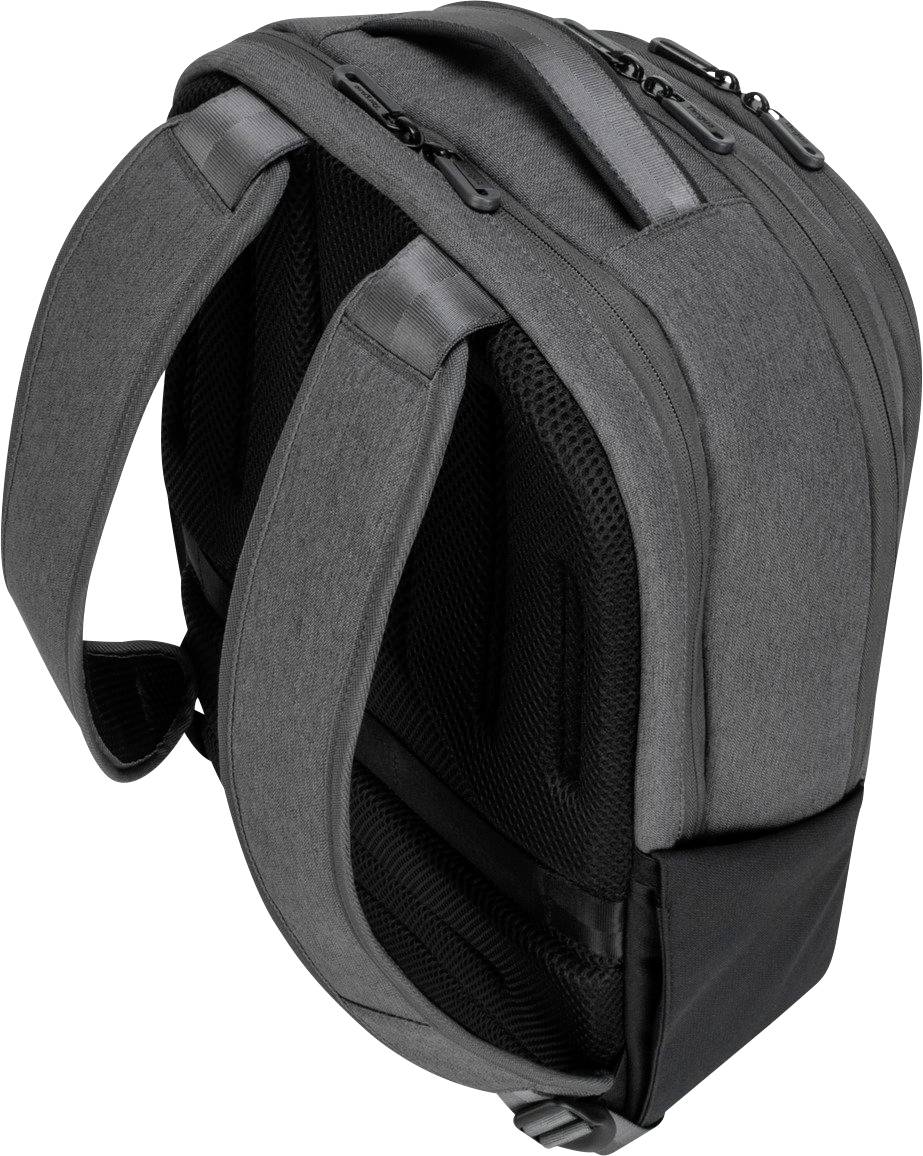 Grauer, ergonomischer Rucksack mit gepolsterten Schulterriemen und mehreren Reißverschlusstaschen, seitlich betrachtet.