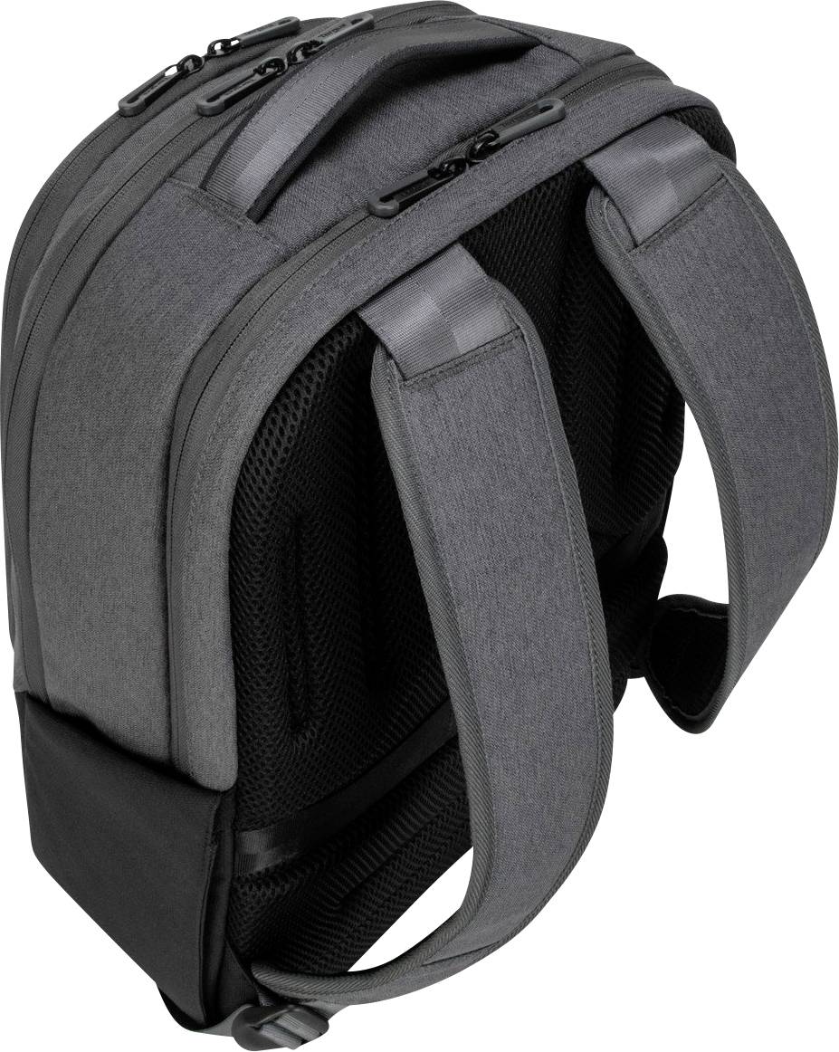 Ein grauer Rucksack mit gepolsterten Schultergurten und mehreren Reißverschlussfächern, geeignet für Schule oder Büro.