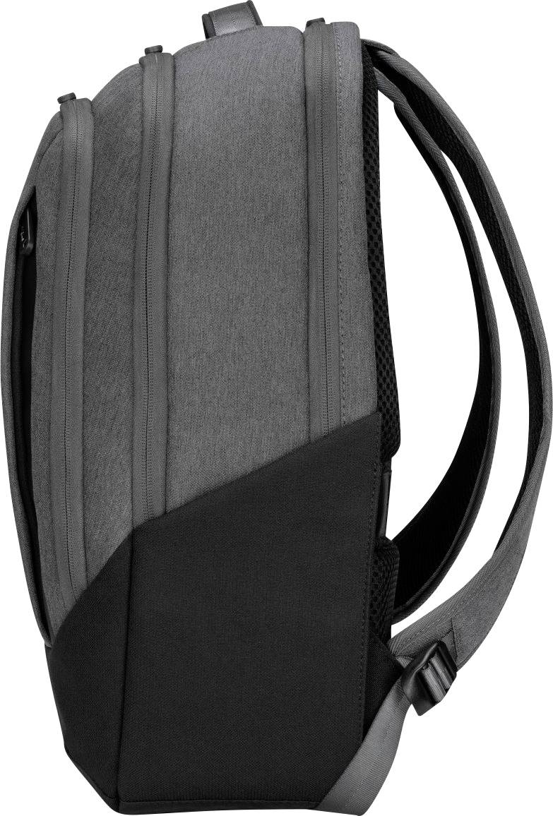 Grauer und schwarzer Rucksack von der Seite mit mehreren Fächern und verstellbaren Trägern.