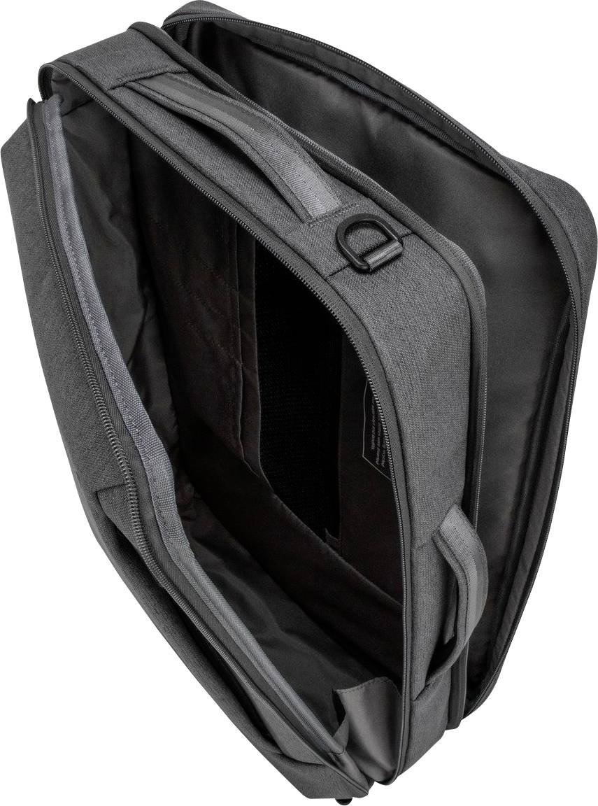 Schwarze, offene Laptoptasche mit mehreren Fächern und einem Reißverschluss, geeignet für den Transport eines Laptops und Zubehör.