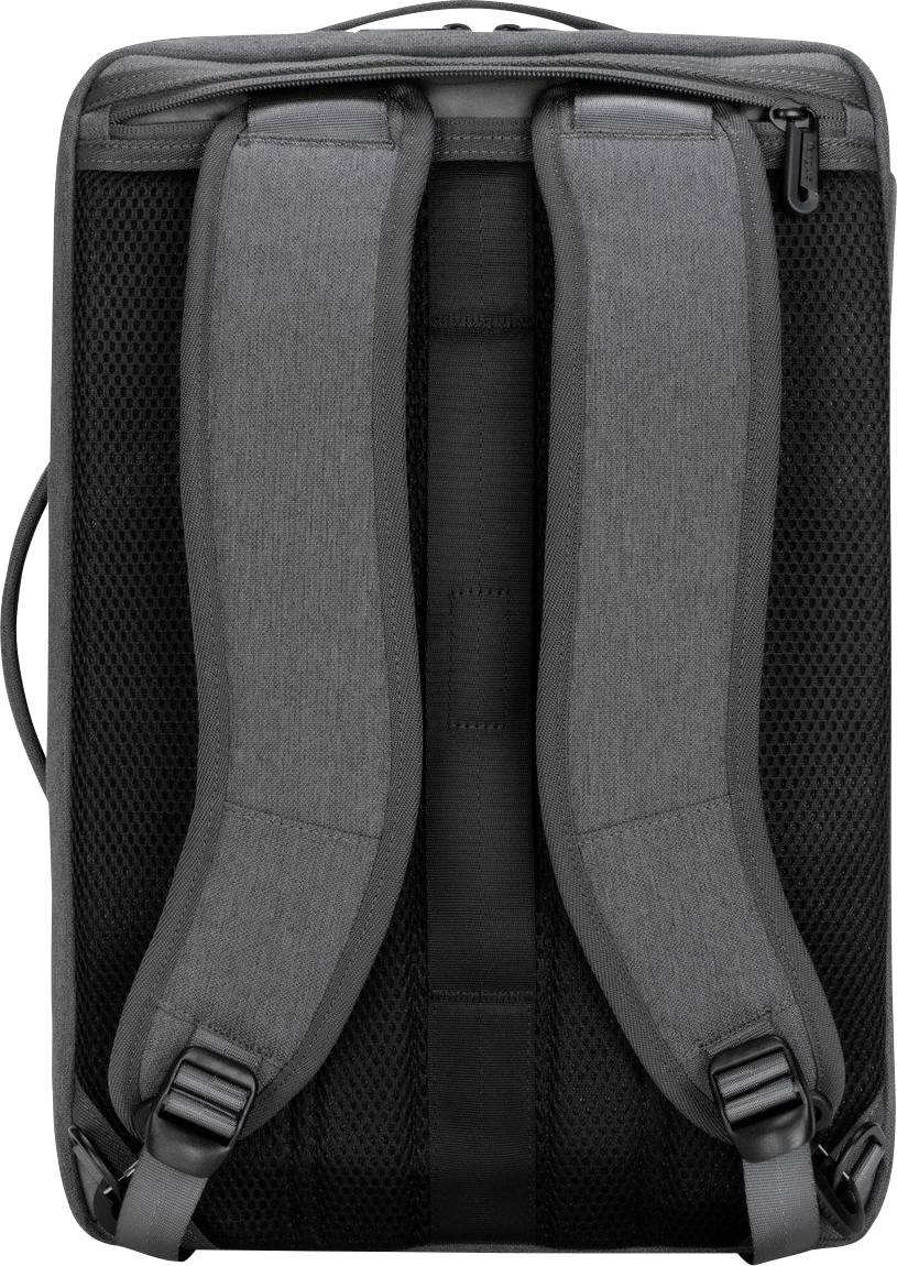 Schwarzer Rucksack, Rückansicht, zeigt graue, gepolsterte Schultergurte und Netzrückseite. Ideal für komfortables Tragen.