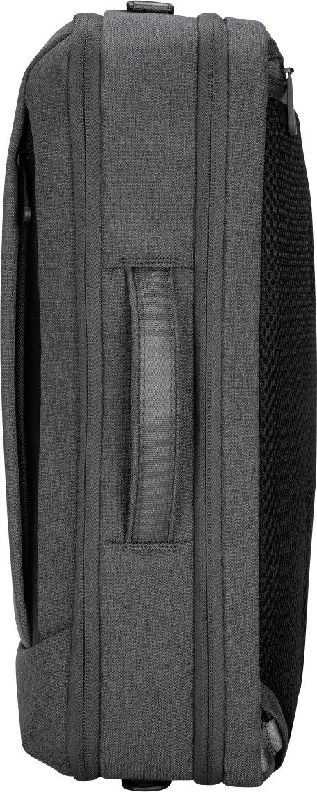 Grauer Laptop-Rucksack seitlich gezeigt, mit Tragegriff und Reißverschlüssen. Kompaktes Design für den Transport von Technik.