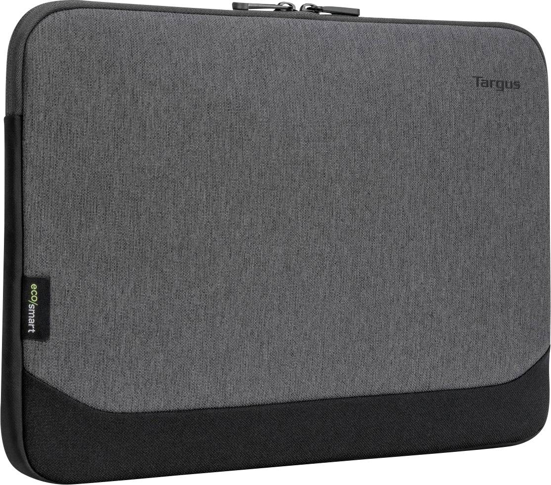 Graue Laptophülle aus Stoff mit 'Targus'-Logo und 'EcoSmart'-Etikett, schlichtes Design, für Transport und Schutz von Laptops.
