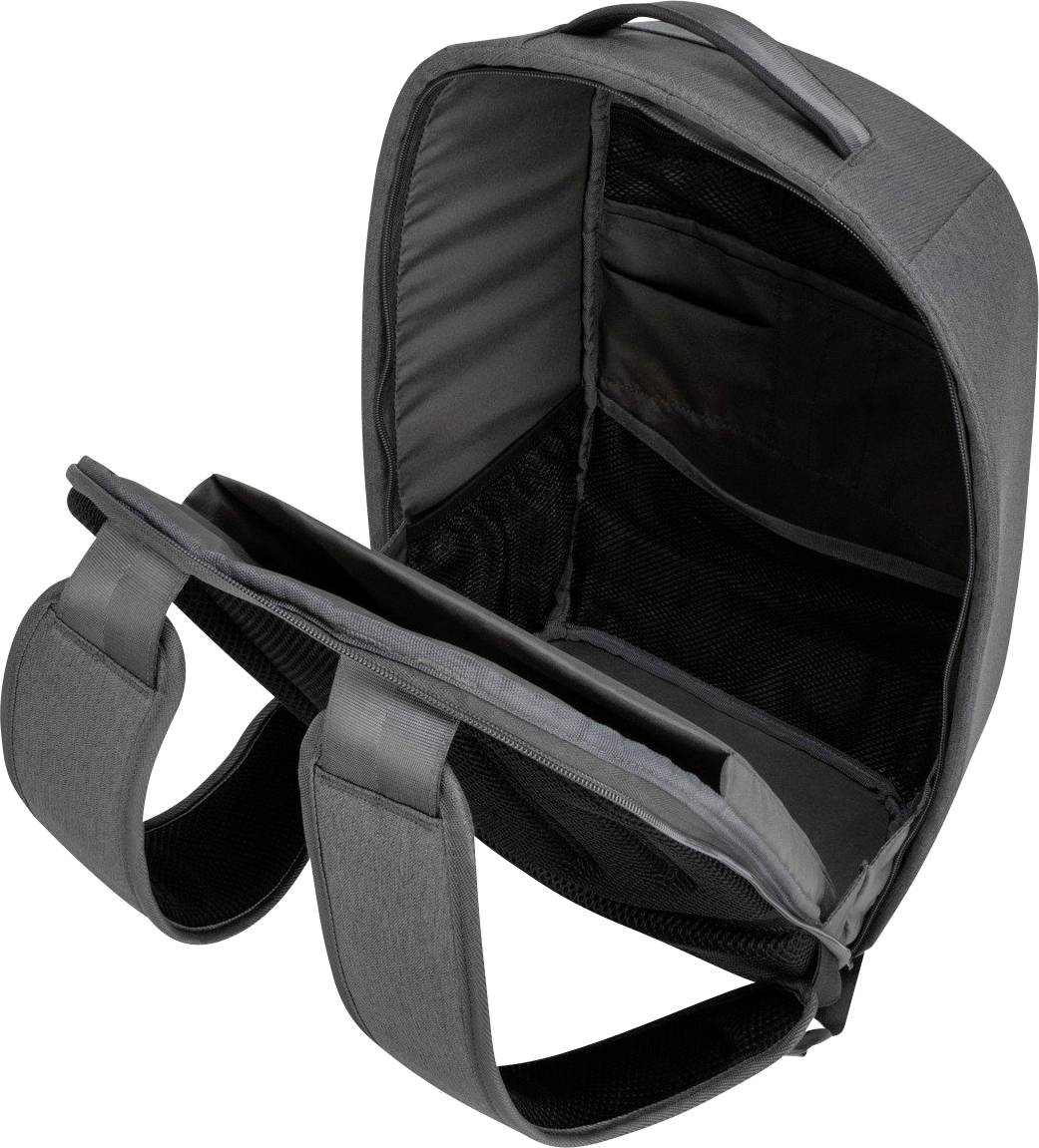 Grauer Laptop-Rucksack mit gepolstertem Innenfach, offen gezeigt. Enthält mehrere Fächer für Zubehör und doppelte Schultergurte.