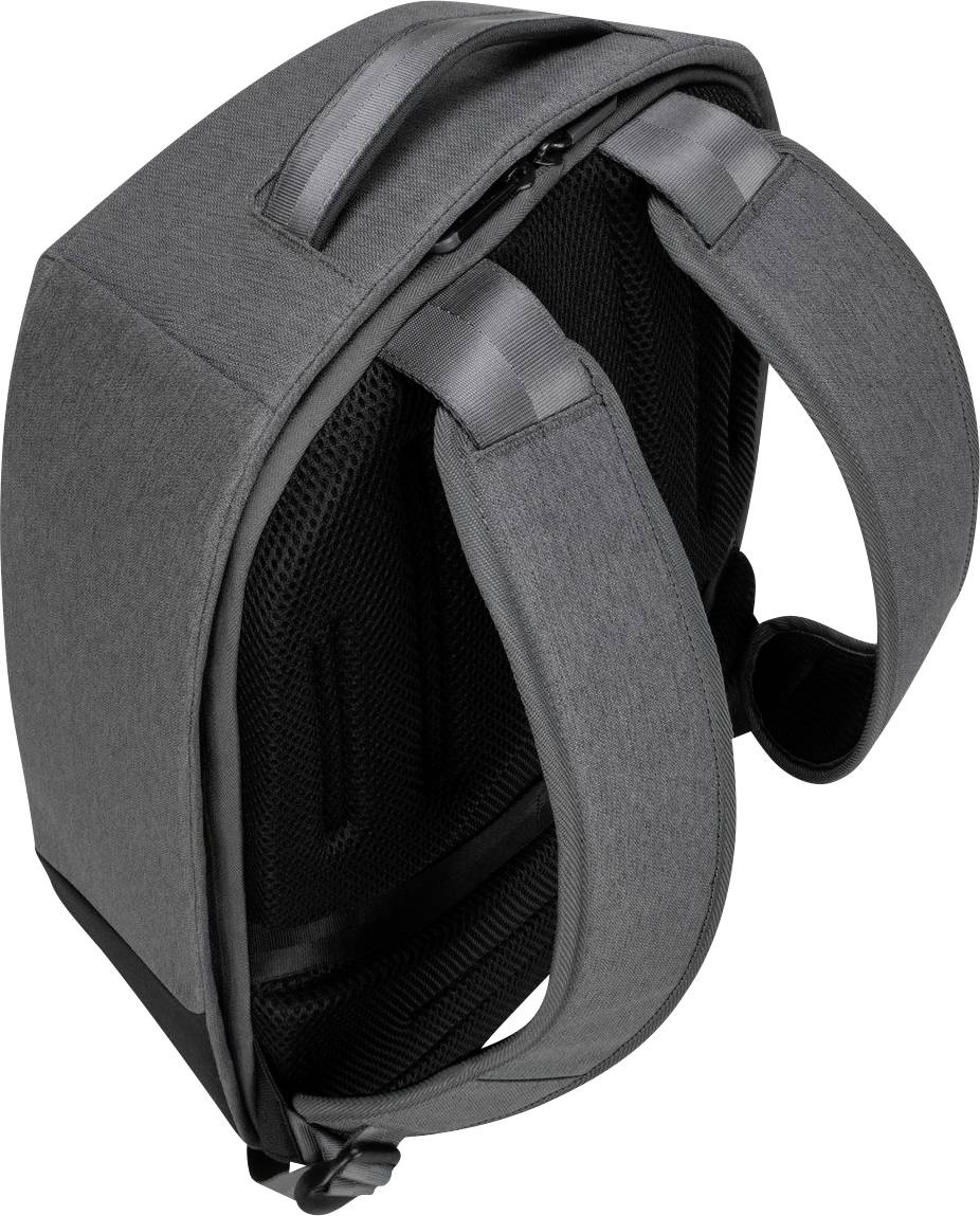 Ein grauer Rucksack mit gepolsterten Schultergurten und einem Tragegriff. Ideal für Arbeit oder Freizeit.