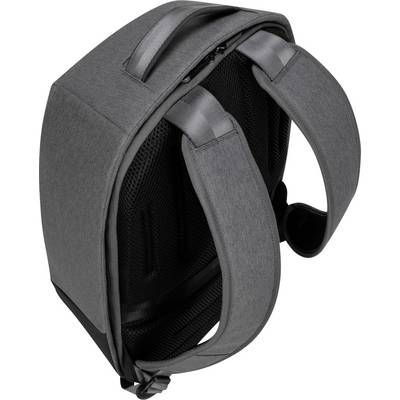 Ein grauer Rucksack mit gepolsterten Schultergurten und einem Tragegriff. Ideal für Arbeit oder Freizeit.