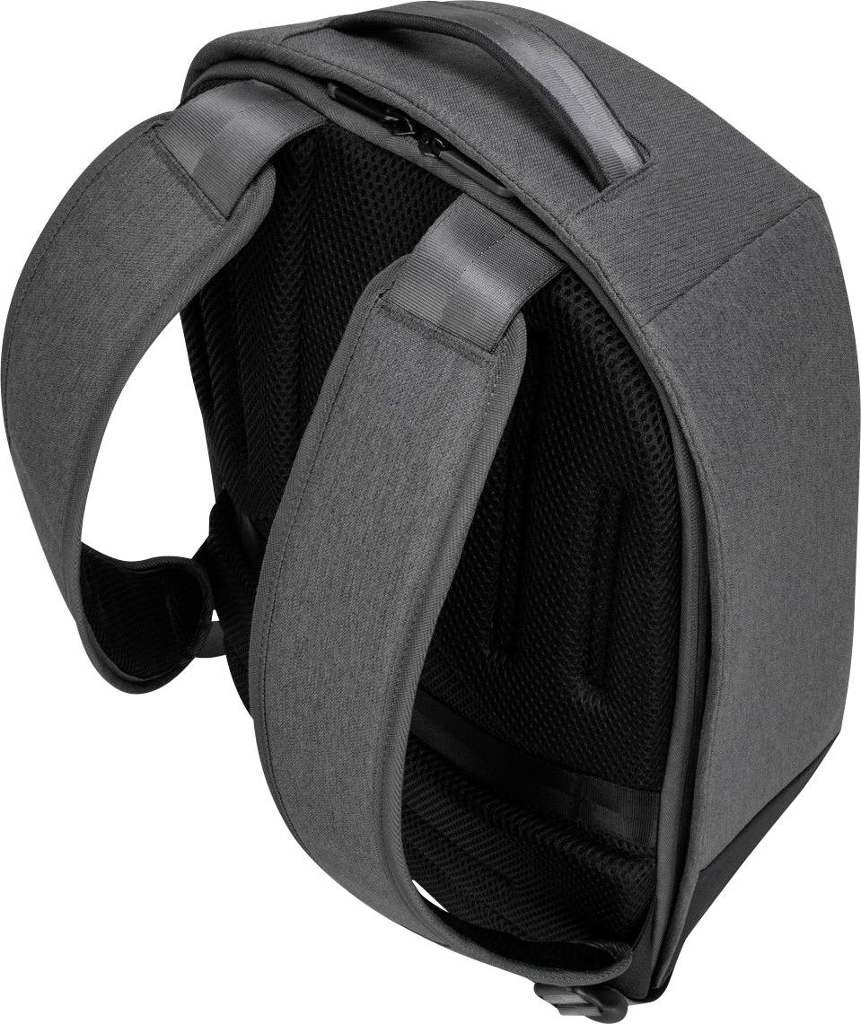 Dunkelgrauer Rucksack mit gepolsterten Schultergurten und einem Tragegriff oben.