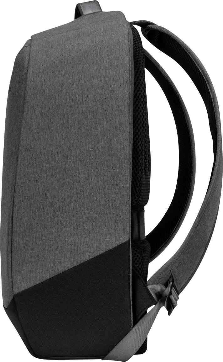 Ein schlanker, grauer Rucksack in Seitenansicht mit minimalistischem Design und zwei gepolsterten Schultergurten.