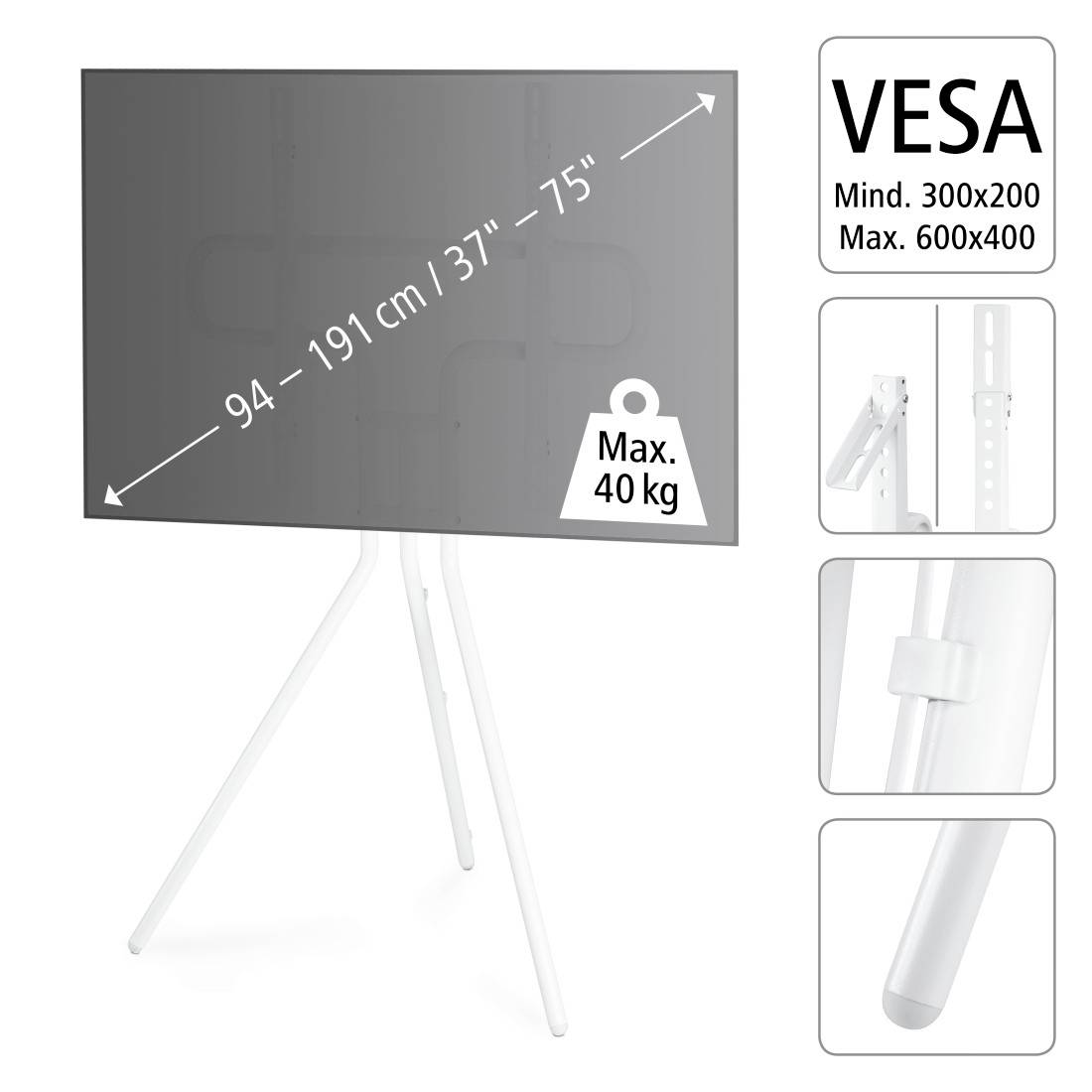 Ständer für Fernseher, geeignet für TV-Größen von 37" bis 75" und max. 40 kg. Kompatibel mit VESA 300x200 bis 600x400.