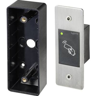 Zwei Teile eines RFID-Türlesers, links das Gehäuse, rechts das Lesegerät mit LED-Anzeige und Hand-Symbol.