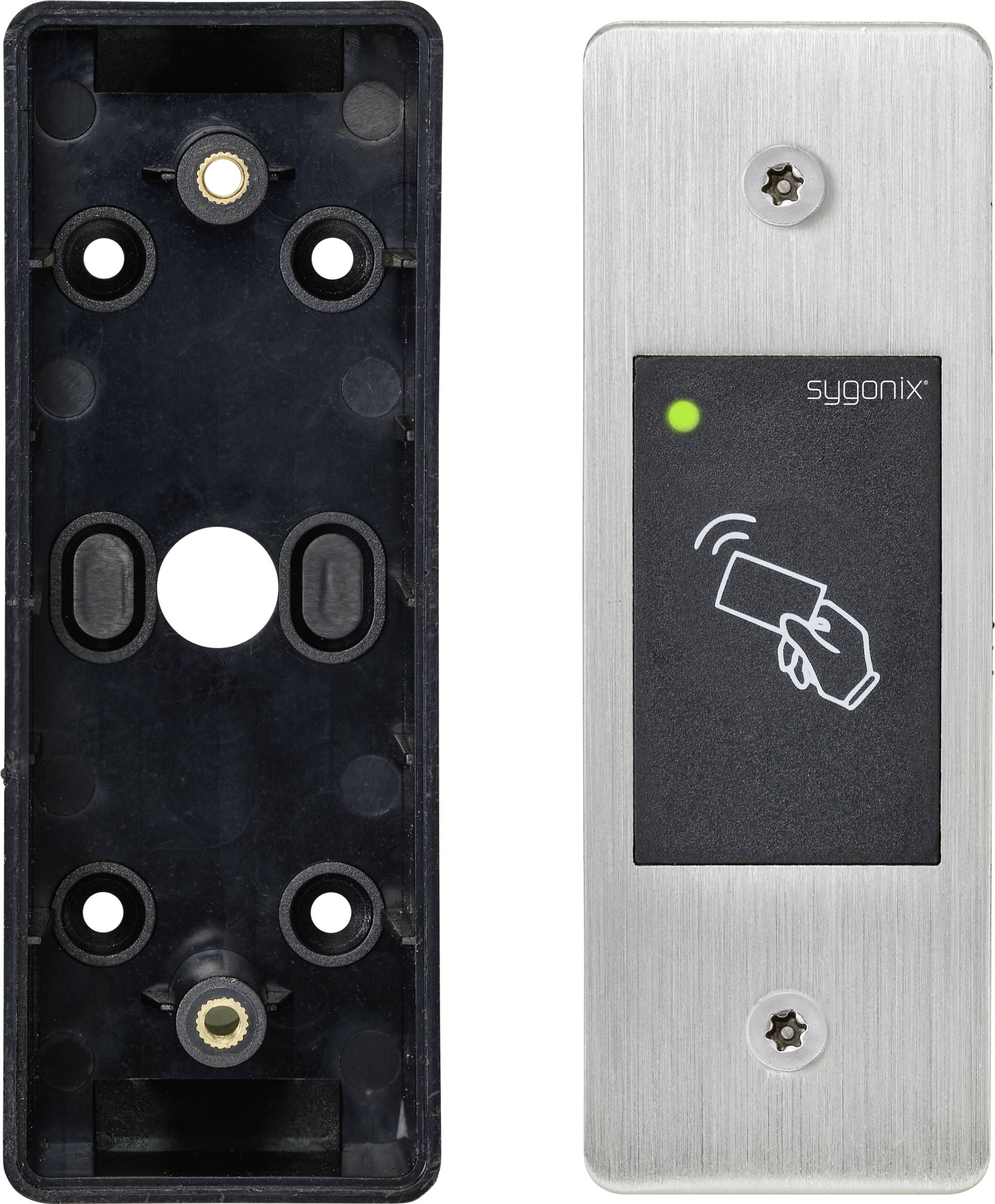 Metall-Panel mit Kontaktsensor und LED-Anzeige. Links: Kunststoff-Halterung mit Befestigungslöchern.