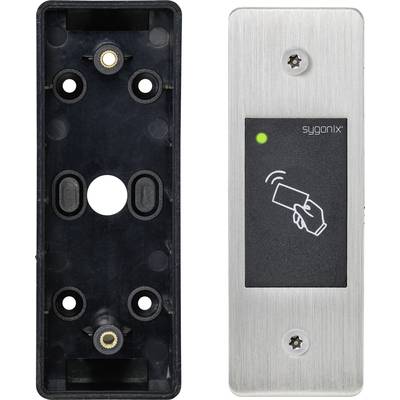 Metall-Panel mit Kontaktsensor und LED-Anzeige. Links: Kunststoff-Halterung mit Befestigungslöchern.