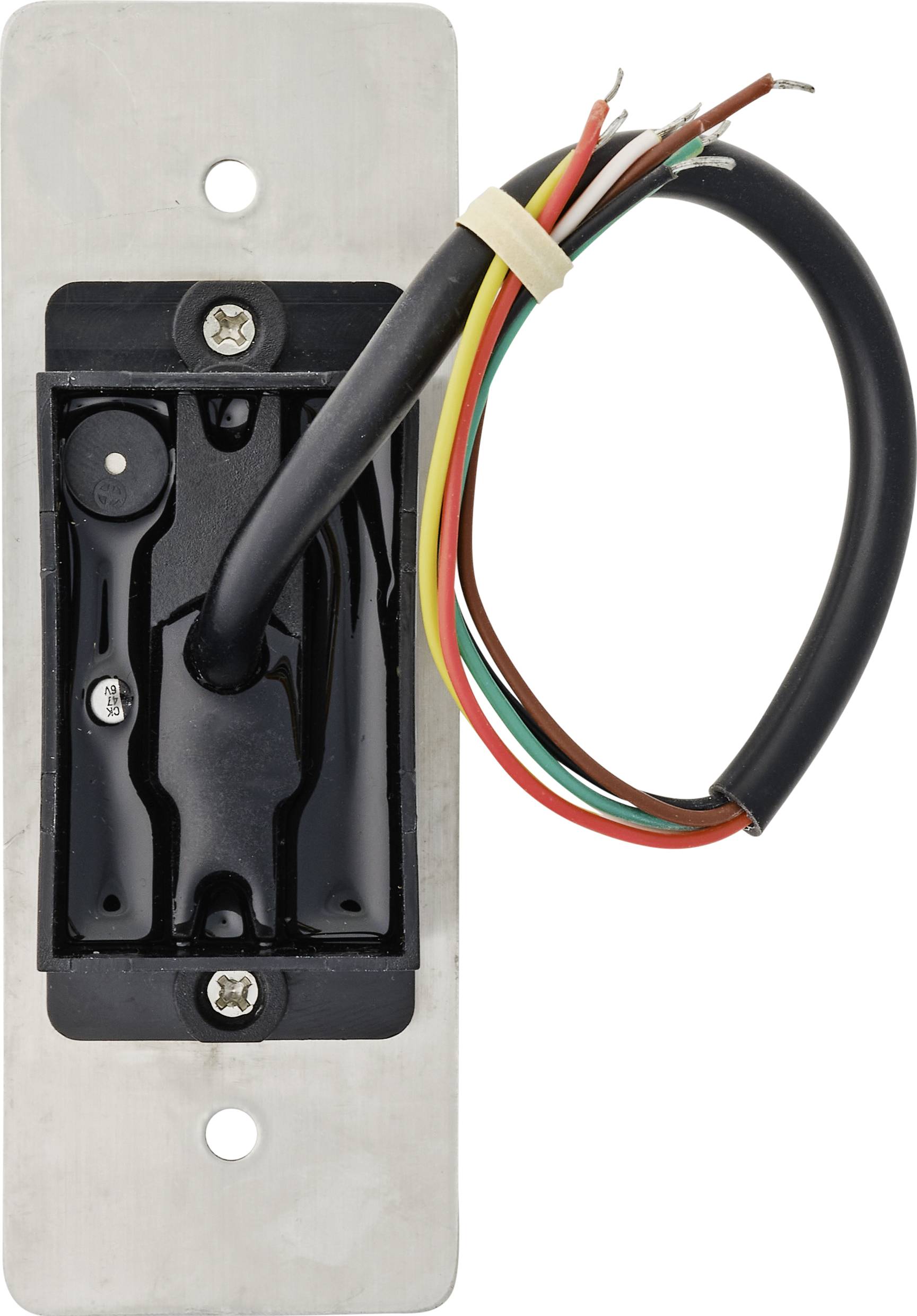 Ein rechteckiger Metallplattenhalter mit Verschraubung, aus dem ein Bündel bunter Drähte herausgeführt wird.