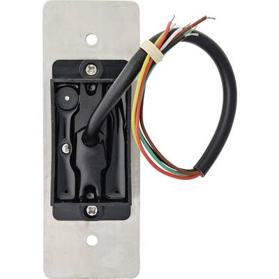 Ein rechteckiger Metallplattenhalter mit Verschraubung, aus dem ein Bündel bunter Drähte herausgeführt wird.