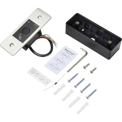Türsteuerungsset mit elektronischem Schalter, schwarzer Montagebox, Schrauben, Masterkarte und Werkzeug.