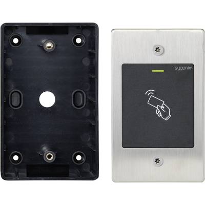 Elektronisches Zugangssystem mit RFID-Leser. Rechts: Metallplatte mit Kartensymbol und LED-Anzeige. Links: Montagehalterung.