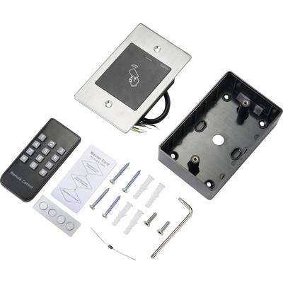 Zugangskontrollsystem mit Fernbedienung, Kartenlesegerät, Montagedose, Schrauben, Dübeln und Inbusschlüssel. Geeignet für Türinstallation.