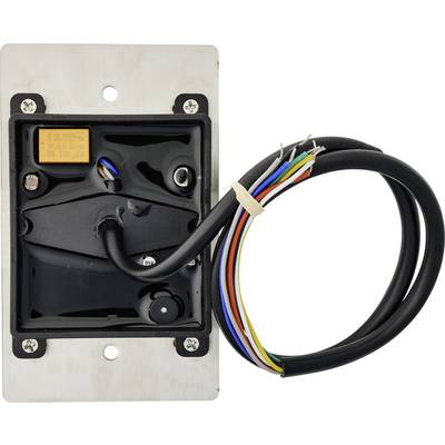 Ein elektrisches Bauteil mit mehreren bunten Kabeln, befestigt an einer Metallplatte.