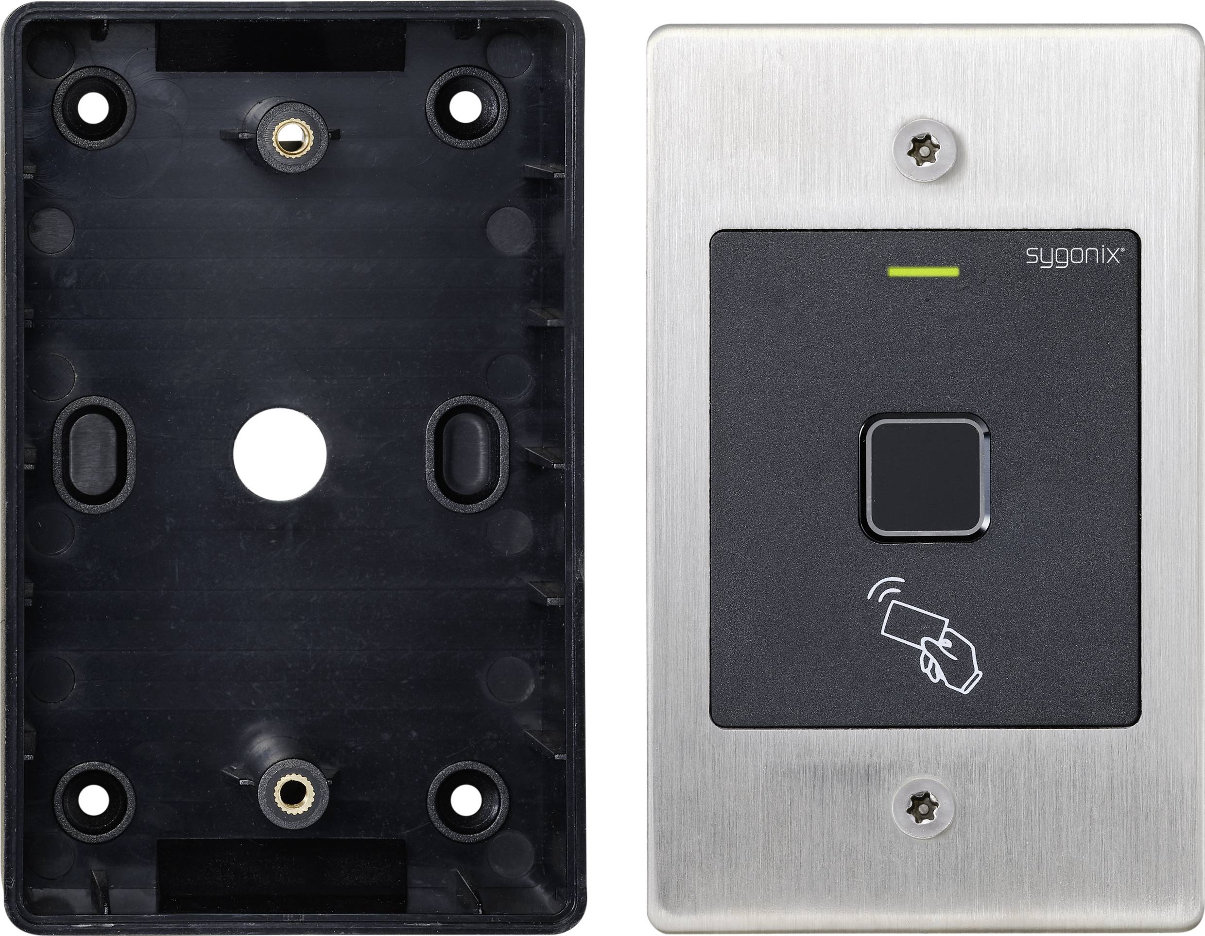 Fingerabdruckscanner und Montageplatte aus Metall. Der Scanner hat ein Symbol für kontaktlose Zahlung und eine kleine LED-Anzeige.