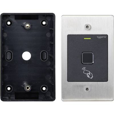Fingerabdruckscanner und Montageplatte aus Metall. Der Scanner hat ein Symbol für kontaktlose Zahlung und eine kleine LED-Anzeige.