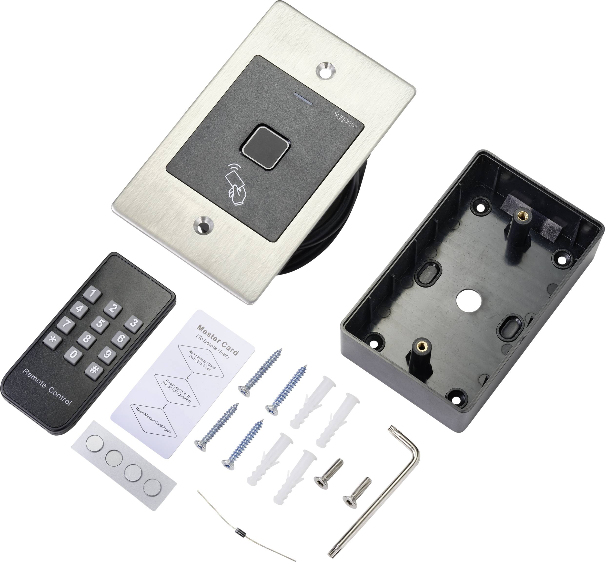 Tür-Zugangssystem-Kit mit Kartenleser, Fernbedienung, Schrauben, Kabel, Halterung und Anleitung.