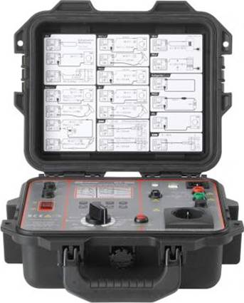 Ein tragbares elektrisches Testgerät in einem offenen, robusten Koffer mit Bedienfeld und Schaltplänen im Deckel.