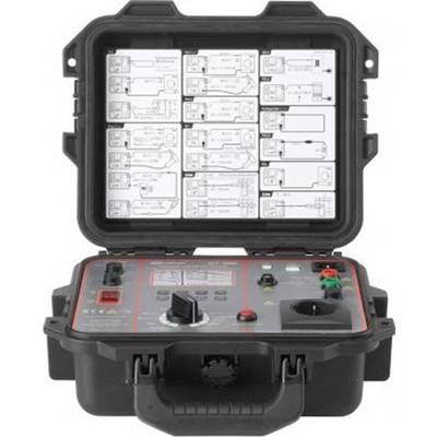 Ein tragbares elektrisches Testgerät in einem offenen, robusten Koffer mit Bedienfeld und Schaltplänen im Deckel.