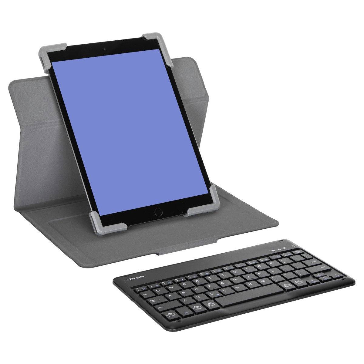 Tablet in grauer Hülle, aufgestellt, mit externer schwarzer Tastatur davor.