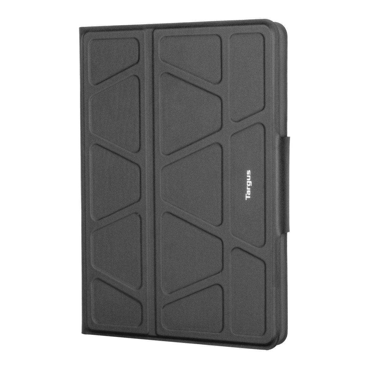 Eine schwarze Tablet-Hülle mit geometrischem Muster und einem Verschluss an der Seite.