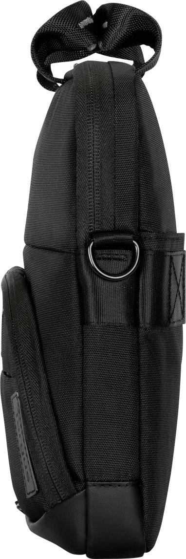 Schwarze Schultertasche seitlich. Robustes Material, ein verstellbarer Riemen und ein kleiner Reißverschlussfach auf der Vorderseite.