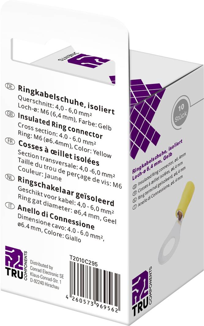 Verpackung für isolierte Ringkabelschuhe mit verschiedenen Beschreibungen in mehreren Sprachen, enthält 10 Stück.