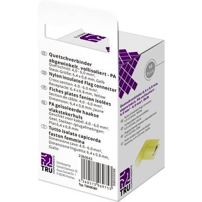 'Quetschverbinder' Box mit 10 gelben, vollisolierten Steckverbindern. Technische Details und Abmessungen sind auf der Verpackung aufgeführt.