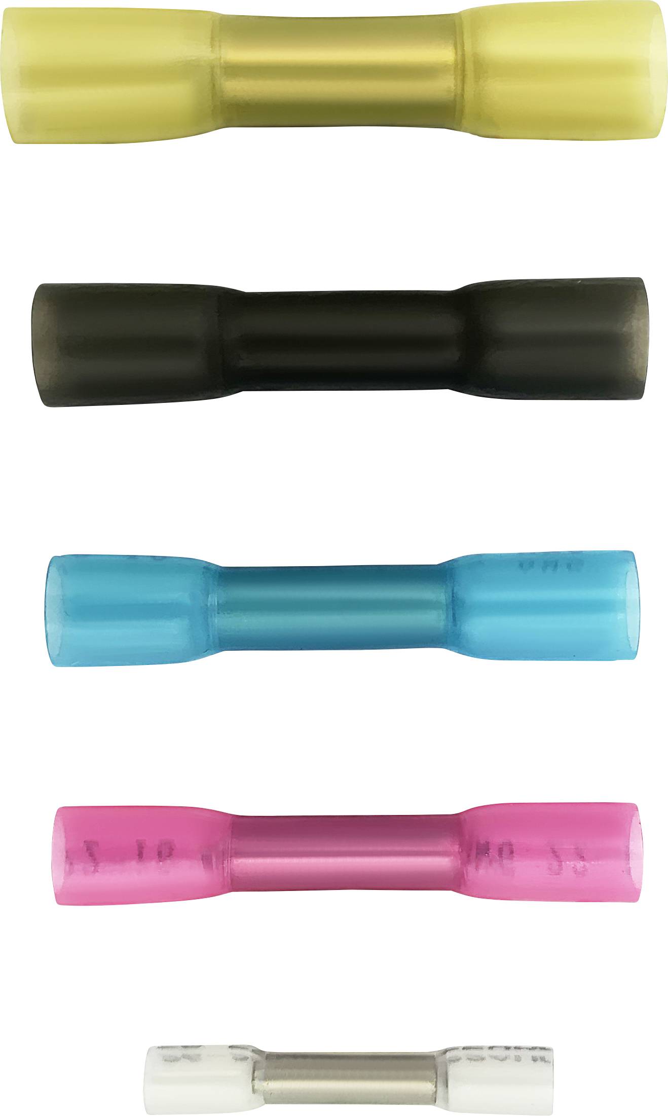 'Farbige Steckverbinder: gelb, schwarz, blau, pink, weiß. Dient zum Verbinden von Kabeln in elektrischen Anwendungen.'