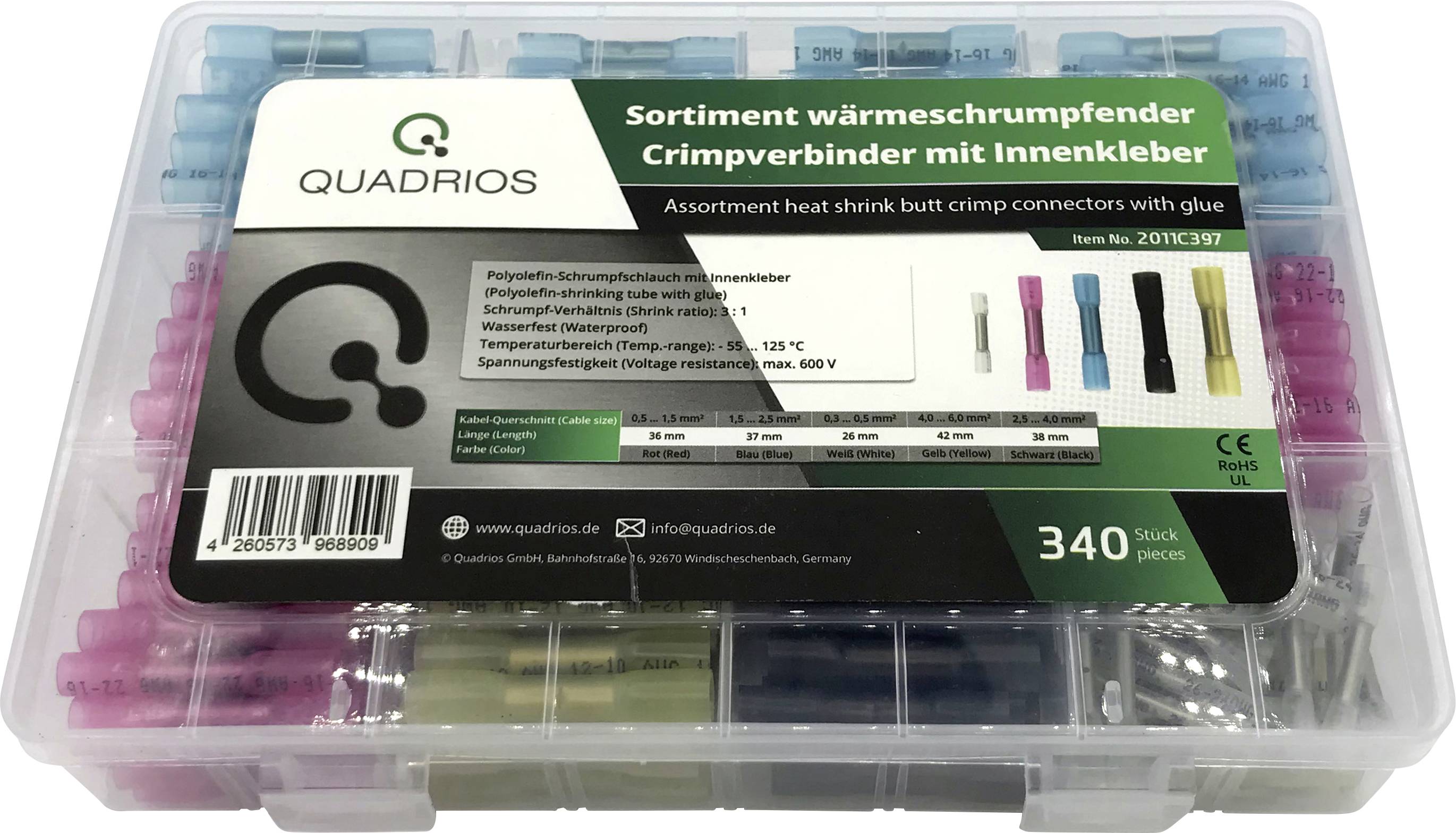 'Sortiment wärmeschrumpfender Crimpverbinder mit Innenkleber', Verpackung mit verschiedenen farbigen Crimpverbindern, Marke Quadrios.