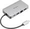 Ein silbernes Targus Mehrport-Dockingstation mit Anschlüssen für USB-C, USB-A, HDMI, Ethernet und microSD-Karte.