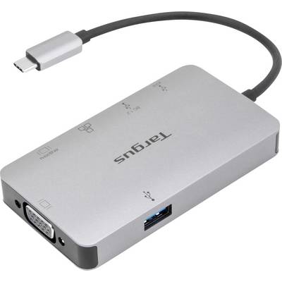 USB-C-Hub mit mehreren Anschlüssen, einschließlich VGA, HDMI und USB, von der Marke Targus. Ideal für Laptopverbindungen.