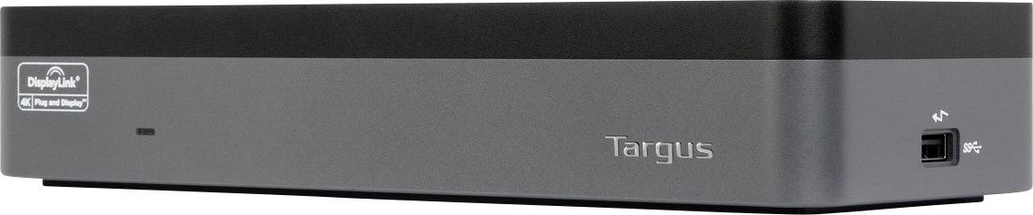 Eine schwarze Dockingstation mit der Aufschrift 'Targus'. Sie hat mehrere Anschlüsse, darunter einen DisplayLink-Anschluss.