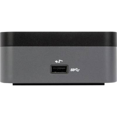 Ein USB-Anschluss an der Vorderseite eines grauen Geräts, versehen mit Symbolen für Datenübertragung und USB-Standards.