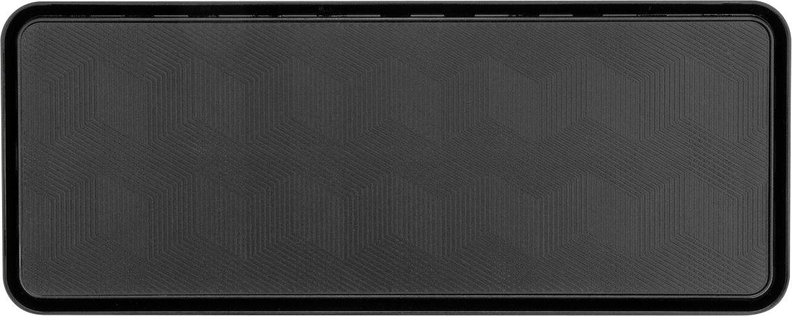 Ein rechteckiger, schwarzer Lautsprecher mit strukturiertem Design auf der Vorderseite.